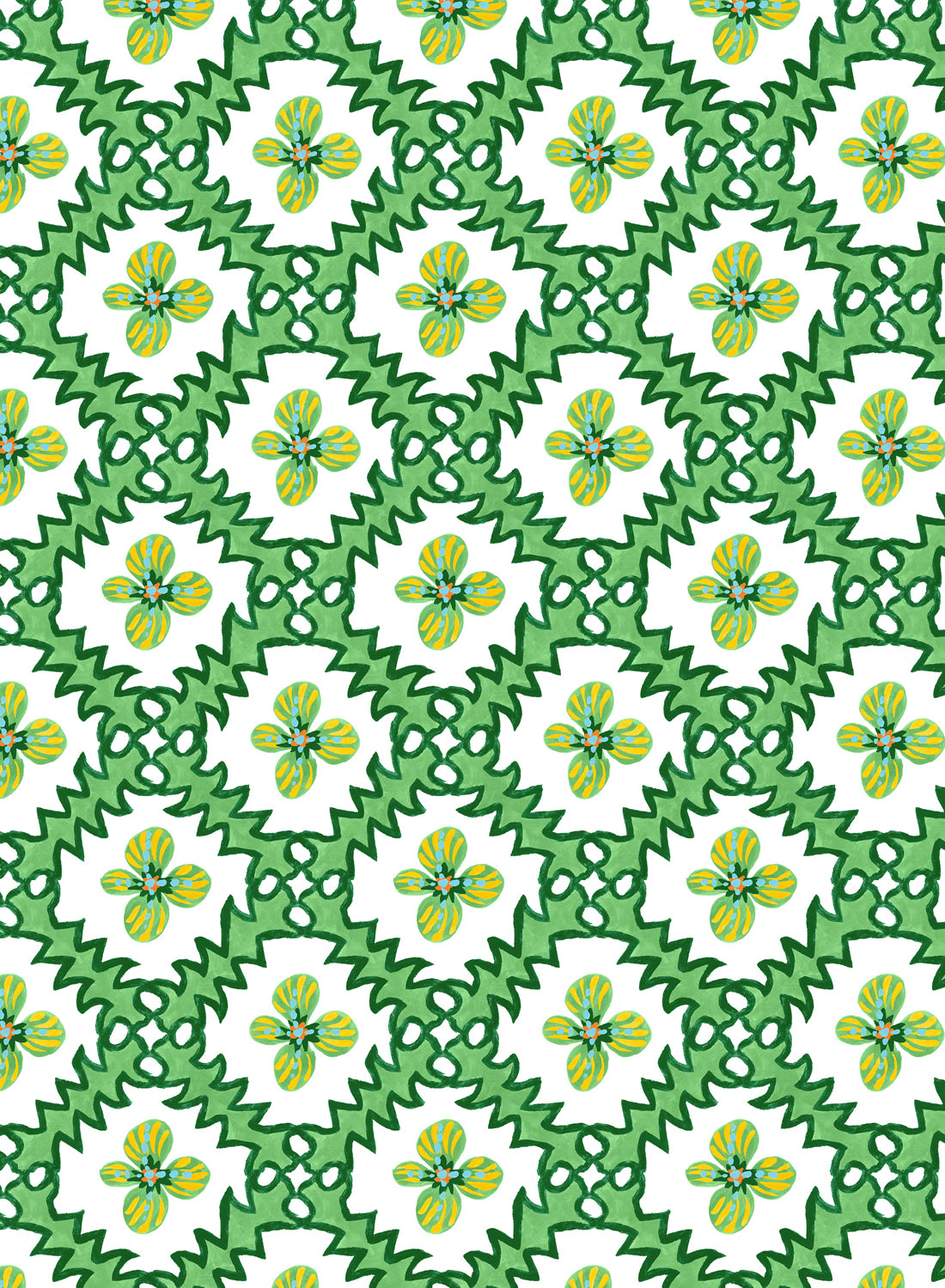 Detail of wallpaper in a playful floral grid print in green, yellow and blue on a white field.