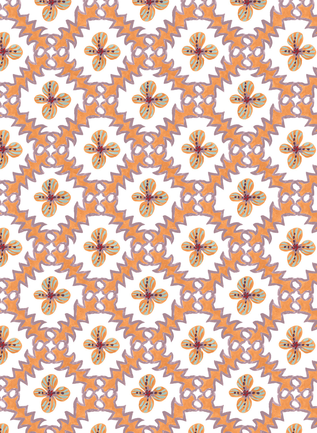 Detail of wallpaper in a playful floral grid print in orange, purple and green on a white field.