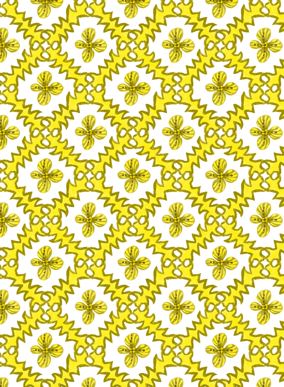 Detail of wallpaper in a playful floral grid print in yellow and brown on a white field.