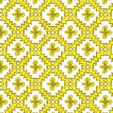 Detail of wallpaper in a playful floral grid print in yellow and brown on a white field.