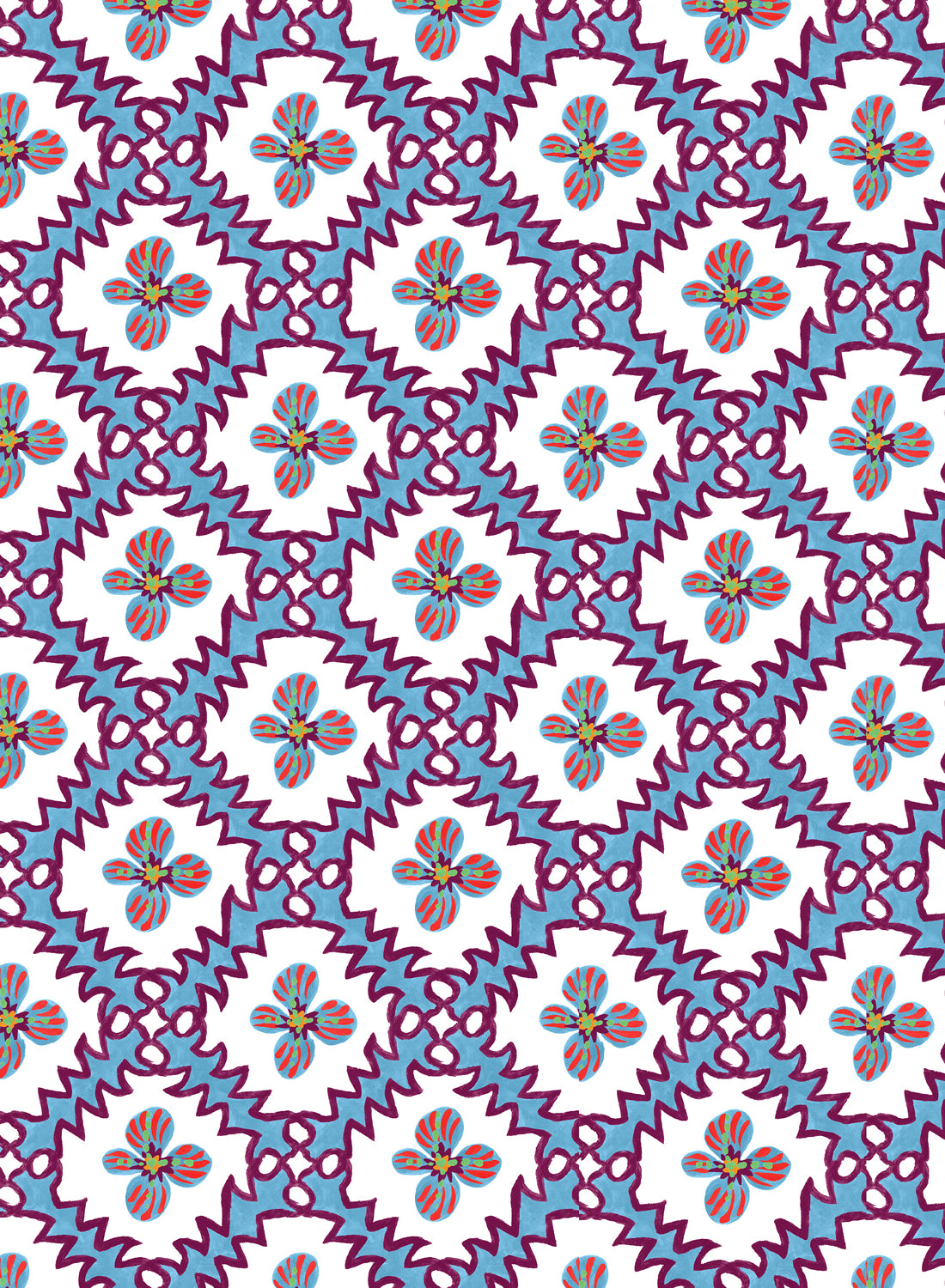 Detail of wallpaper in a playful floral grid print in blue, pink and purple on a white field.