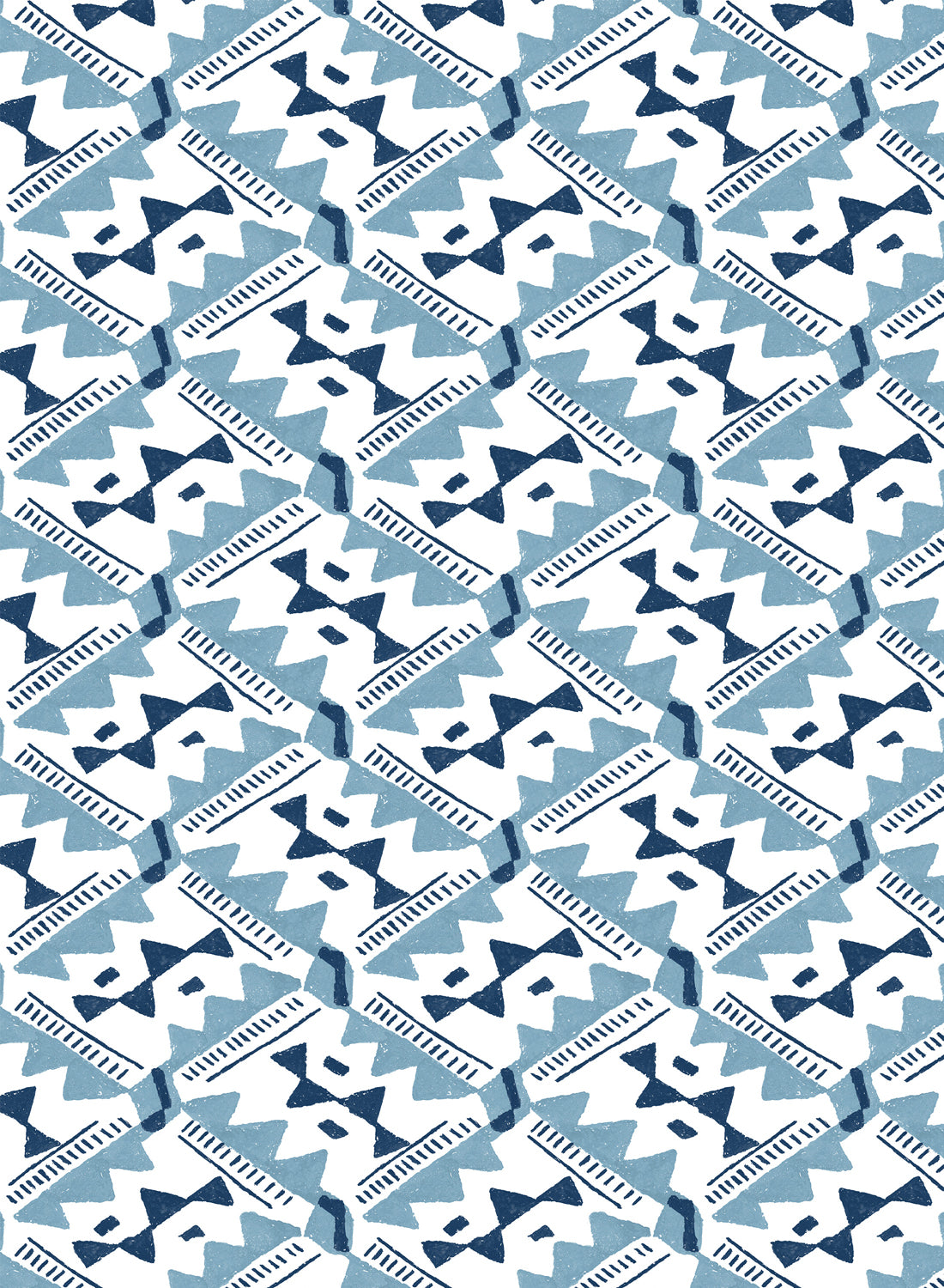 Detail of wallpaper in painterly diamond print in blue and navy on a white field.