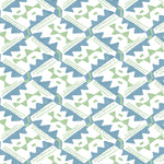 Detail of wallpaper in painterly diamond print in blue and green on a white field.