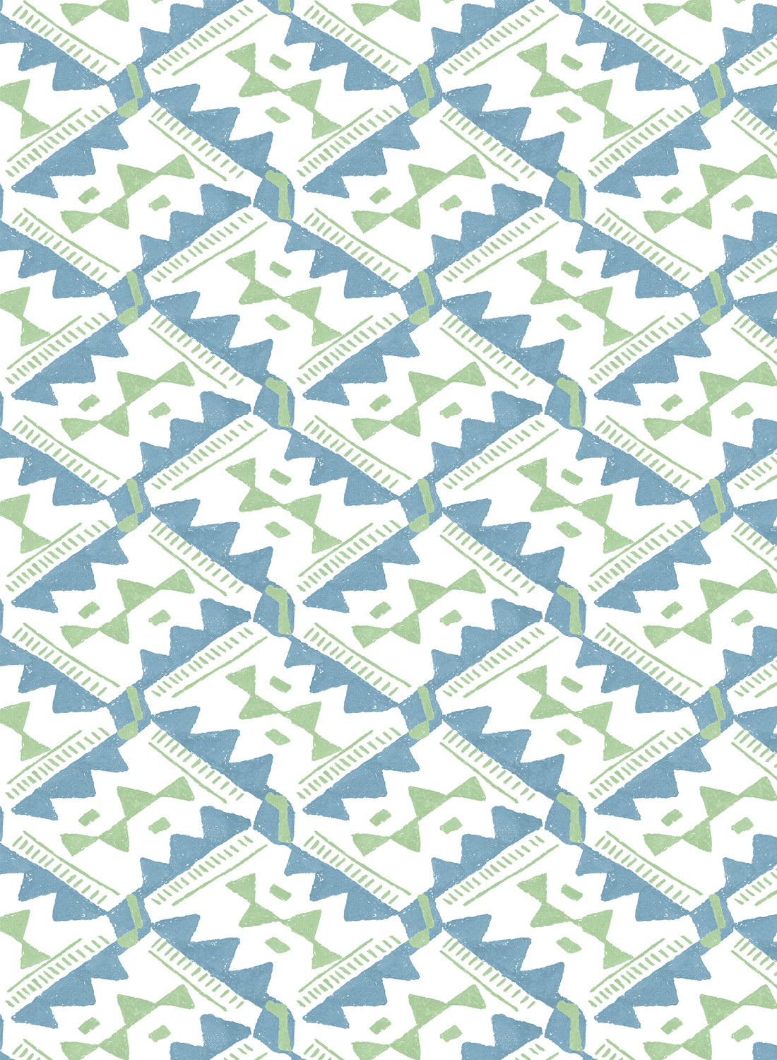 Detail of wallpaper in painterly diamond print in blue and green on a white field.