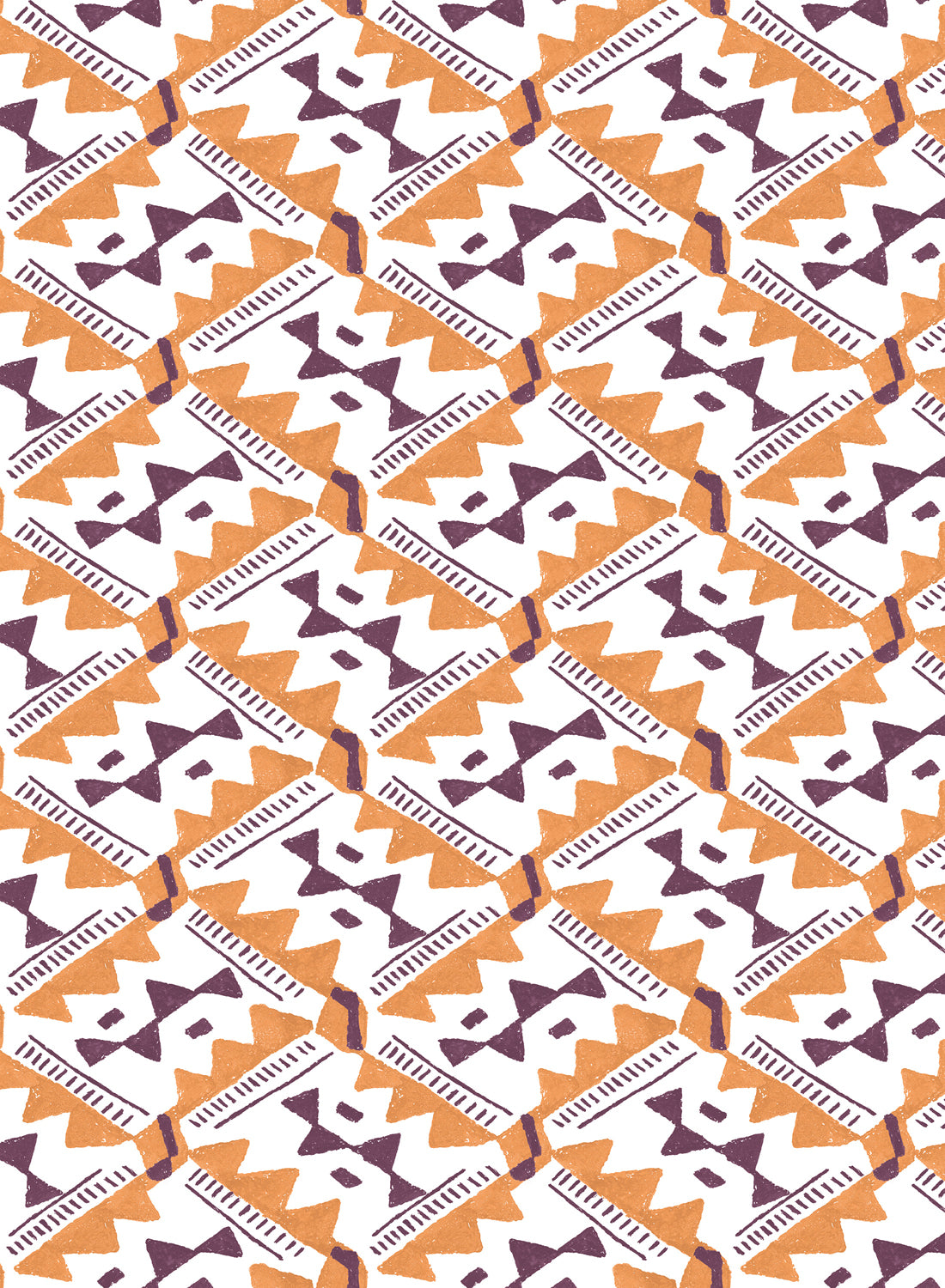 Detail of wallpaper in painterly diamond print in maroon and orange on a white field.