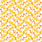 Detail of wallpaper in painterly diamond print in yellow and orange on a white field.