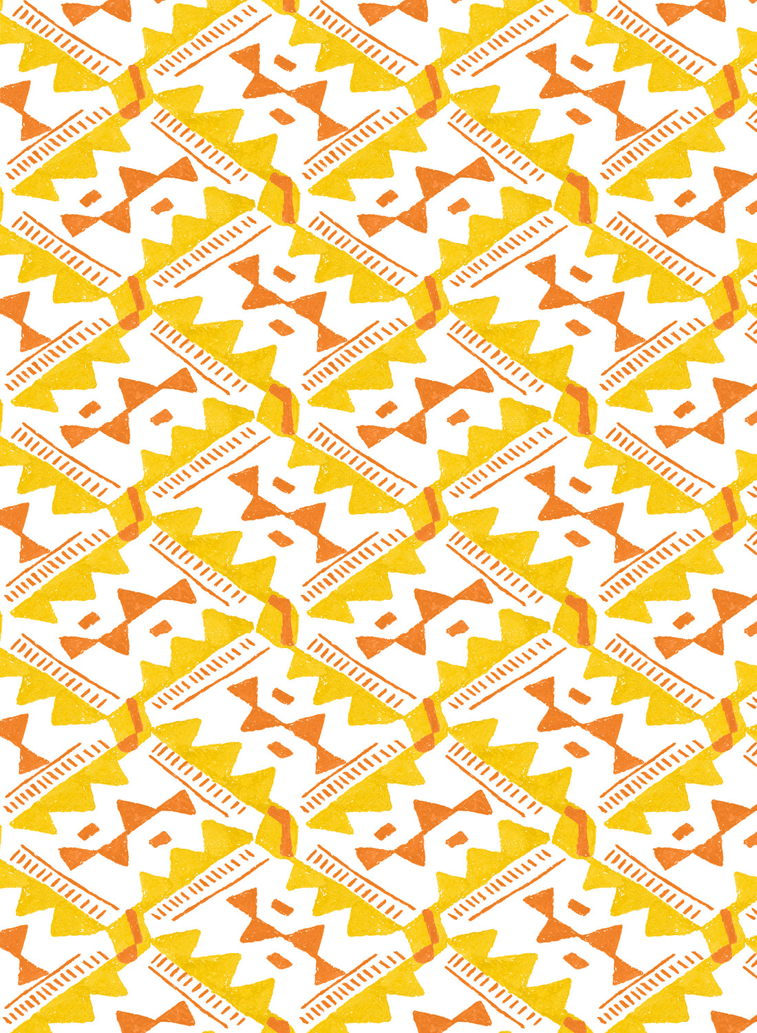 Detail of wallpaper in painterly diamond print in yellow and orange on a white field.