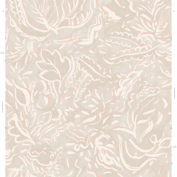Detail of wallpaper in a painterly botanical print in white and light pink on a cream field.