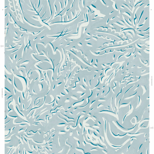Detail of wallpaper in a painterly botanical print in white and blue on a light blue field.