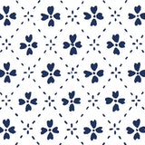 Detail of wallpaper in a dainty floral lattice print in navy on a white field.