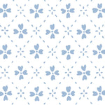 Detail of wallpaper in a dainty floral lattice print in light blue on a white field.