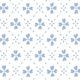 Detail of wallpaper in a dainty floral lattice print in light blue on a white field.