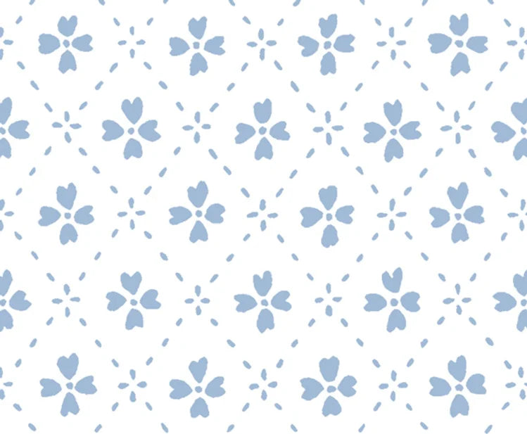 Detail of wallpaper in a dainty floral lattice print in light blue on a white field.