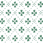 Detail of wallpaper in a dainty floral lattice print in green on a white field.