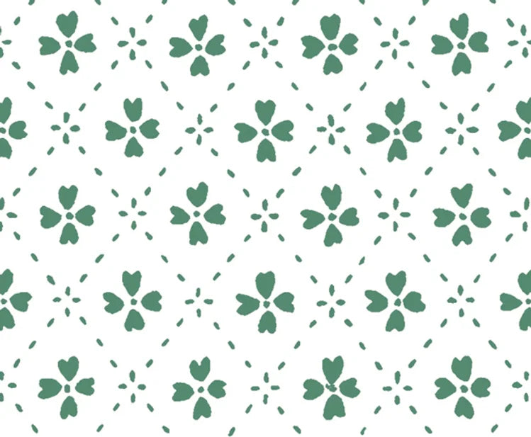 Detail of wallpaper in a dainty floral lattice print in green on a white field.