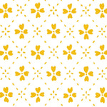 Detail of wallpaper in a dainty floral lattice print in mustard on a white field.