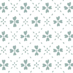 Detail of wallpaper in a dainty floral lattice print in turquoise on a white field.