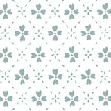 Detail of wallpaper in a dainty floral lattice print in turquoise on a white field.