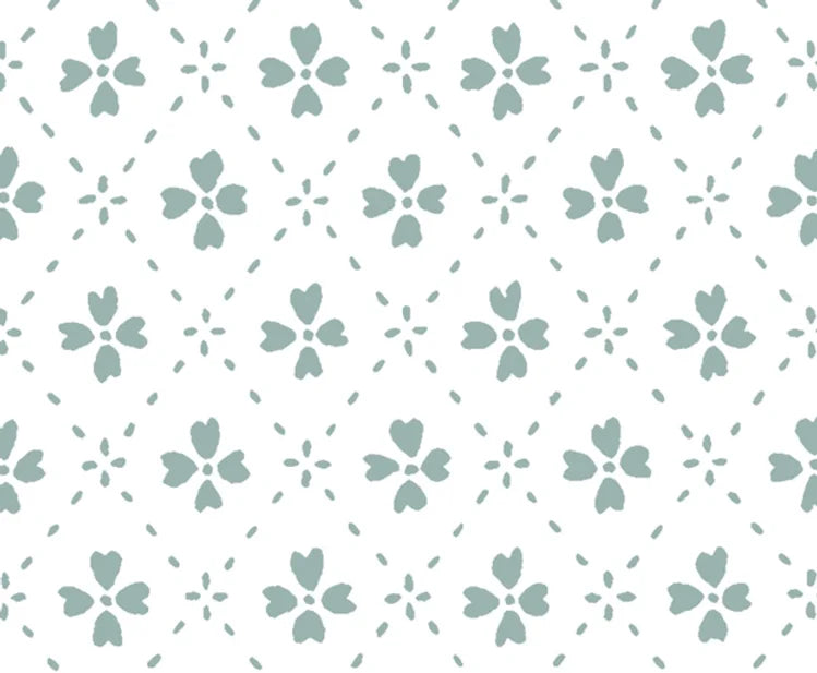 Detail of wallpaper in a dainty floral lattice print in turquoise on a white field.