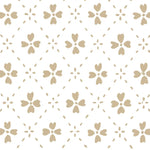 Detail of wallpaper in a dainty floral lattice print in tan on a white field.