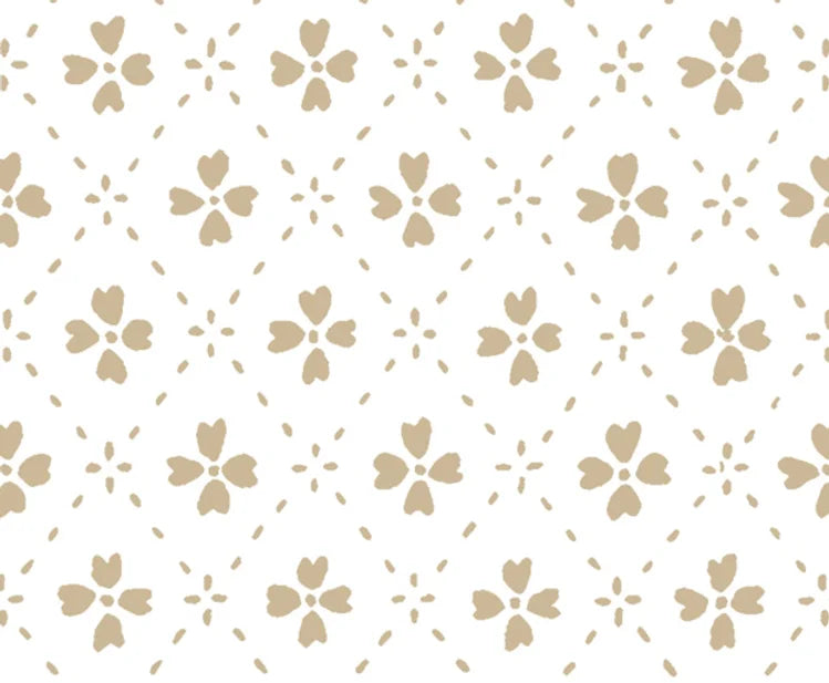 Detail of wallpaper in a dainty floral lattice print in tan on a white field.