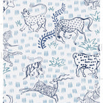 Detail of wallpaper in a playful hand-drawn animal print in shades of blue on a white field.