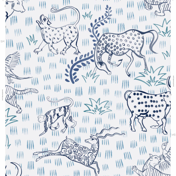 Detail of wallpaper in a playful hand-drawn animal print in shades of blue on a white field.
