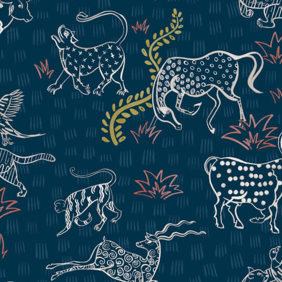 Detail of wallpaper in a playful hand-drawn animal print in shades of white, pink and mustard on a navy field.