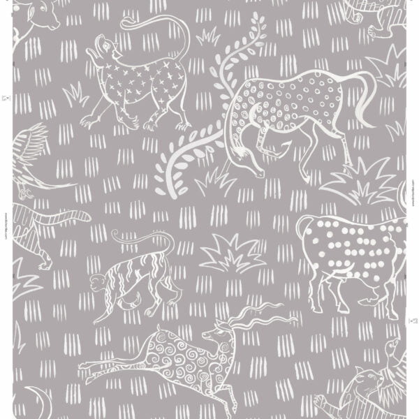 Detail of wallpaper in a playful hand-drawn animal print in white on a gray field.