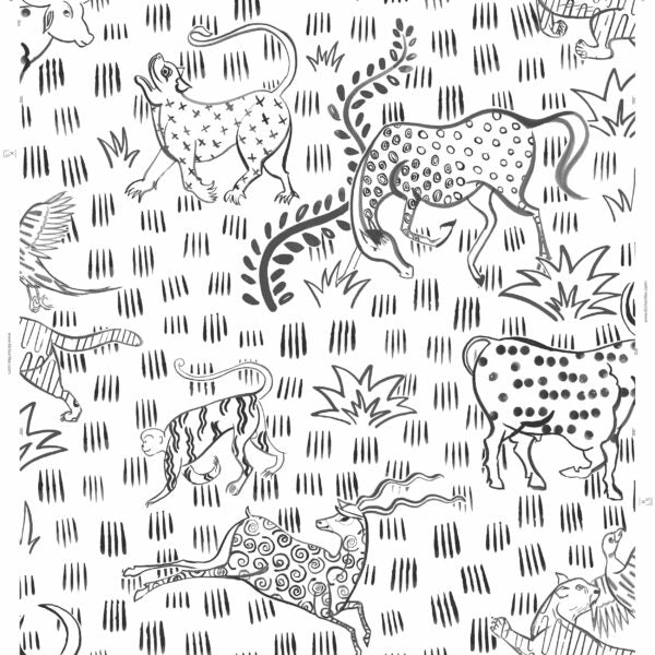 Detail of wallpaper in a playful hand-drawn animal print in shades of gray on a white field.
