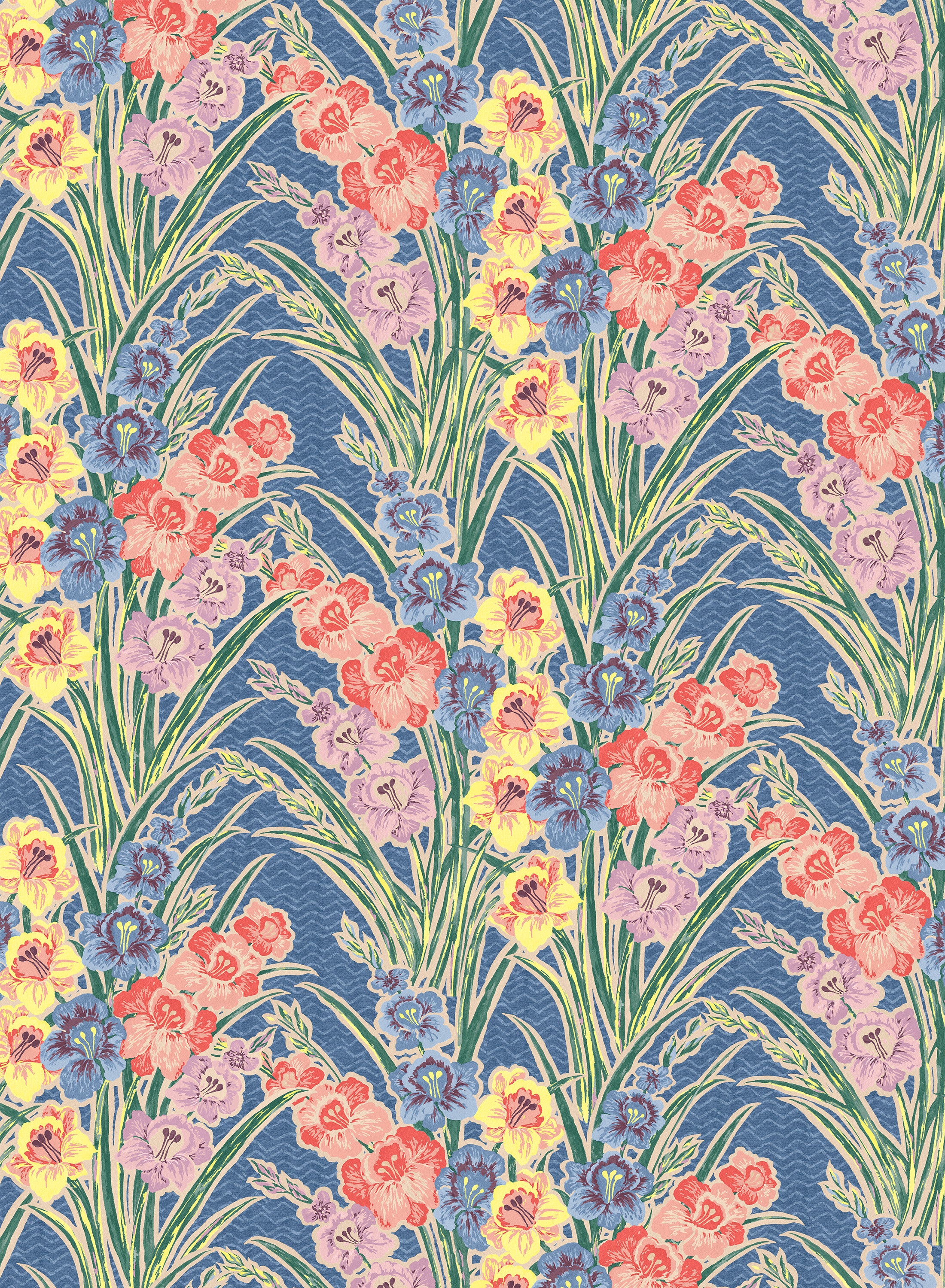 Detail of fabric in a large-scale floral pattern in a rainbow of pastels on a blue field.