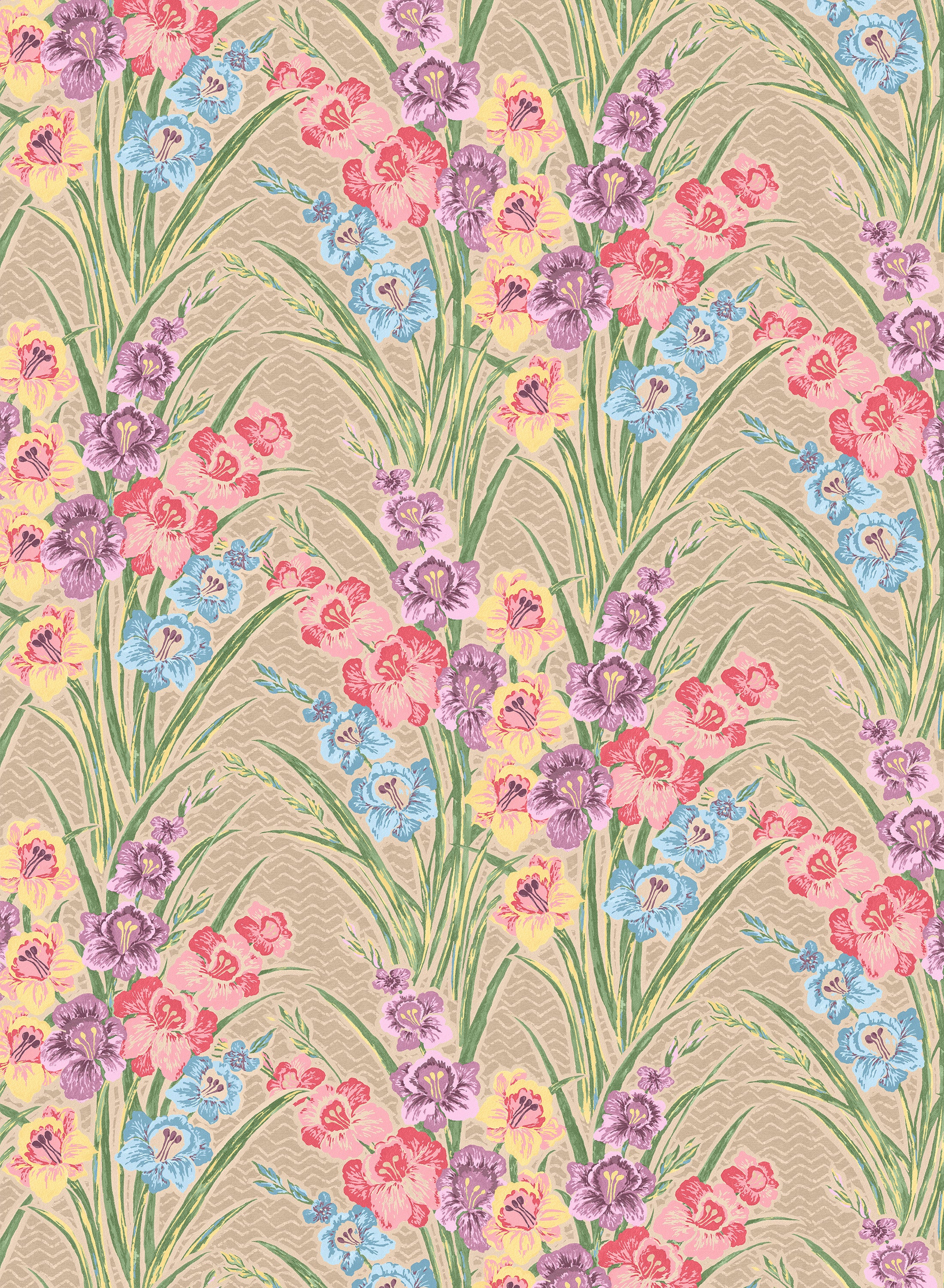 Detail of fabric in a large-scale floral pattern in a rainbow of pastels on a tan field.