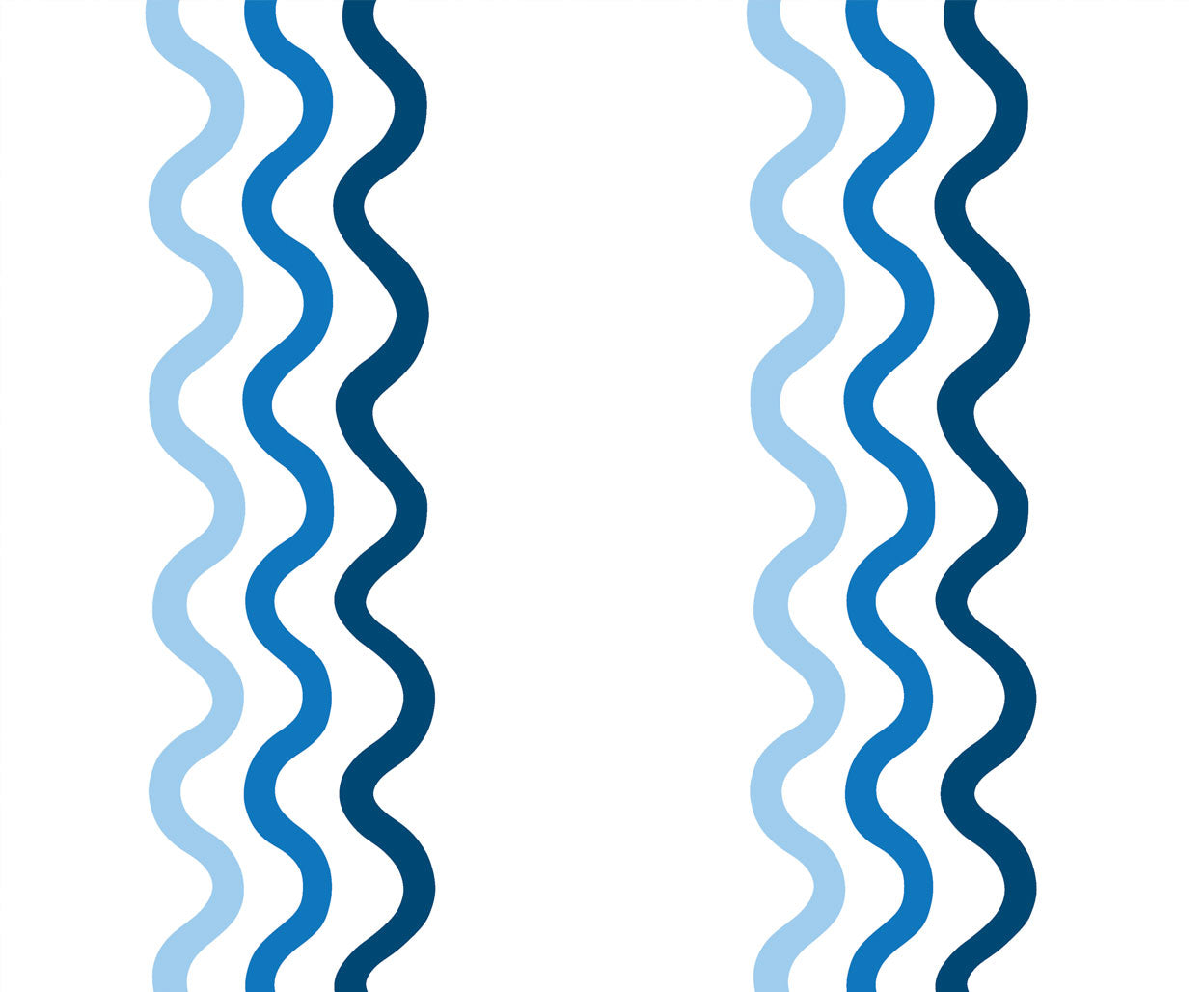 Detail of wallpaper in a wavy stripe print in blue and navy on a white field.