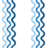 Detail of fabric in a wavy stripe print in blue and navy on a white field.