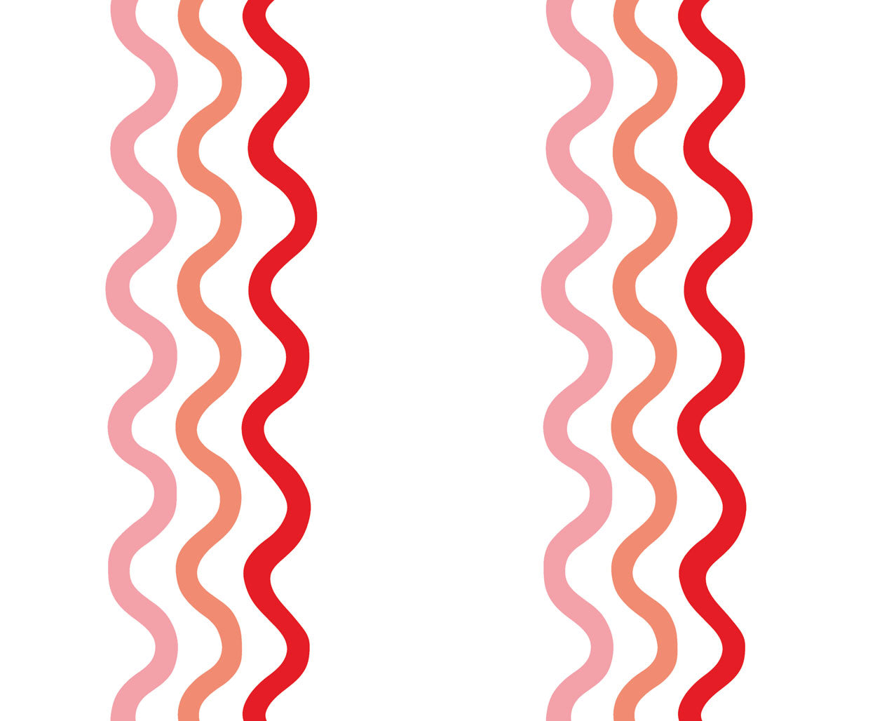 Detail of wallpaper in a wavy stripe print in pink and red on a white field.