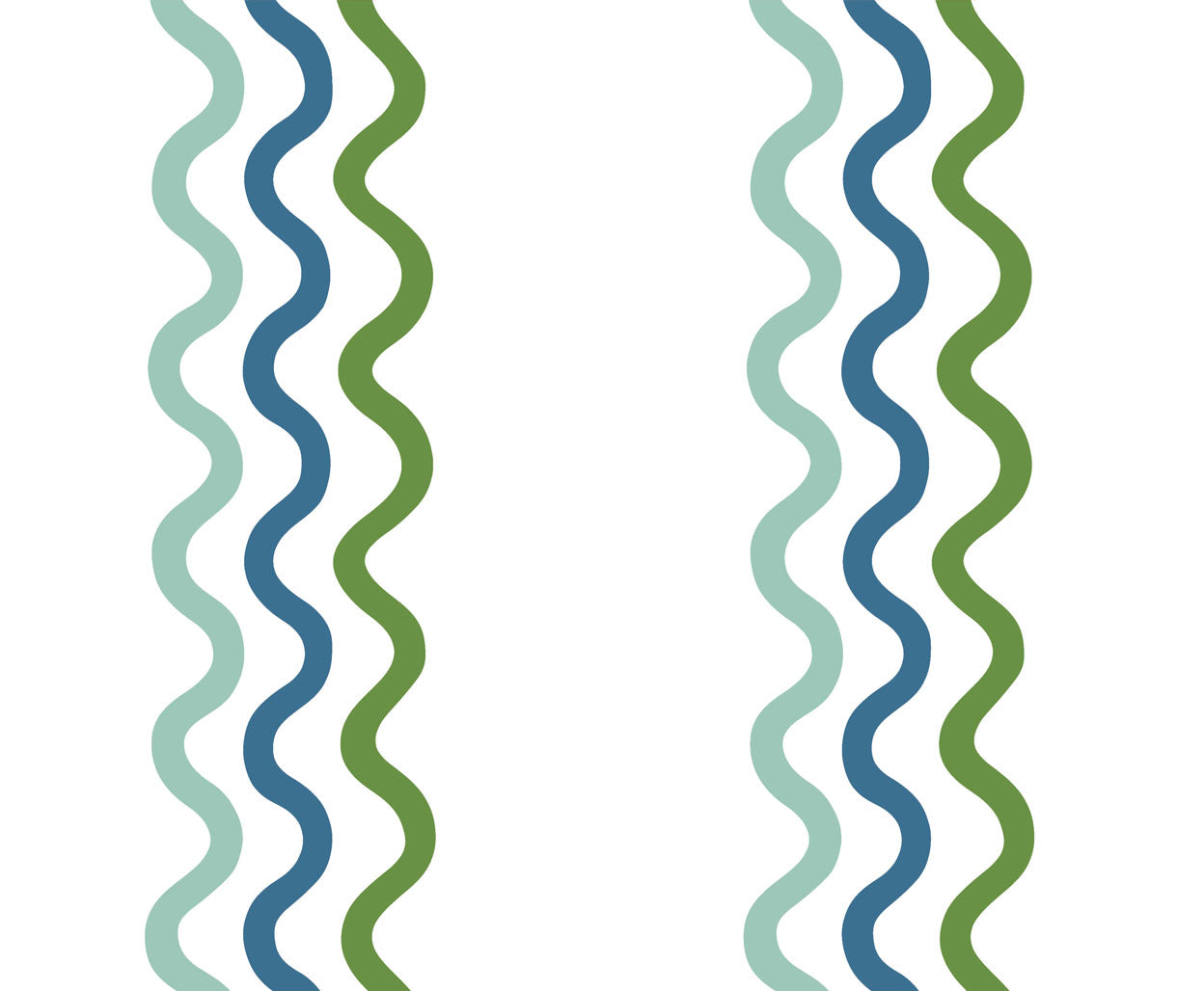 Detail of wallpaper in a wavy stripe print in blue, turquoise and green on a white field.