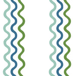 Detail of wallpaper in a wavy stripe print in blue, turquoise and green on a white field.