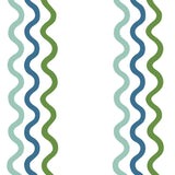 Detail of fabric in a wavy stripe print in teal and green on a white field.