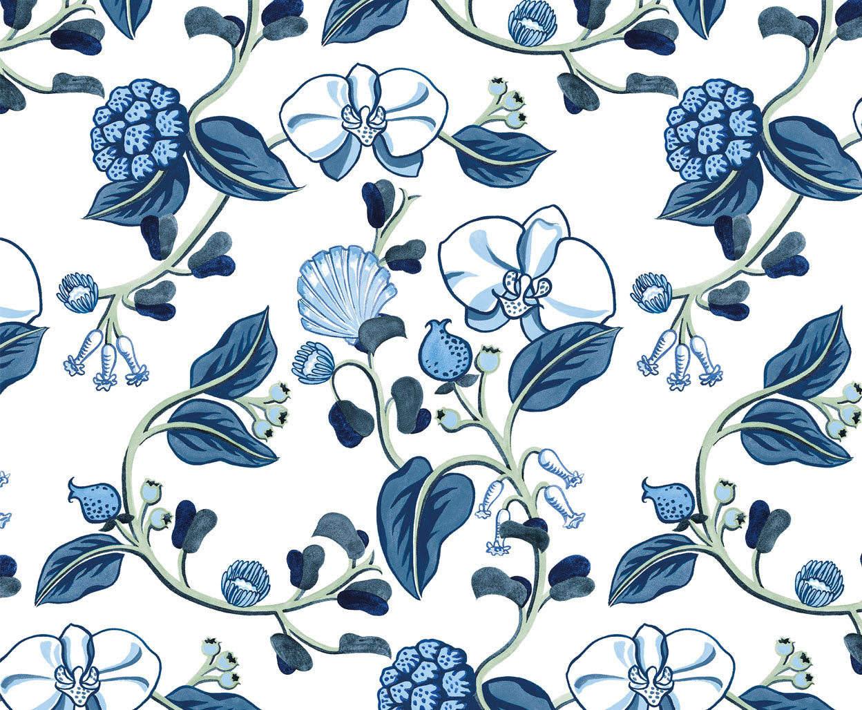 Detail of wallpaper in a varied floral print in shades of blue, green and navy on a white field.