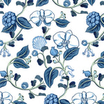 Detail of wallpaper in a varied floral print in shades of blue, green and navy on a white field.