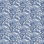 Detail of wallpaper in a repeating botanical print in navy on a white field.