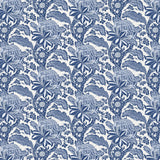 Detail of wallpaper in a repeating botanical print in navy on a white field.