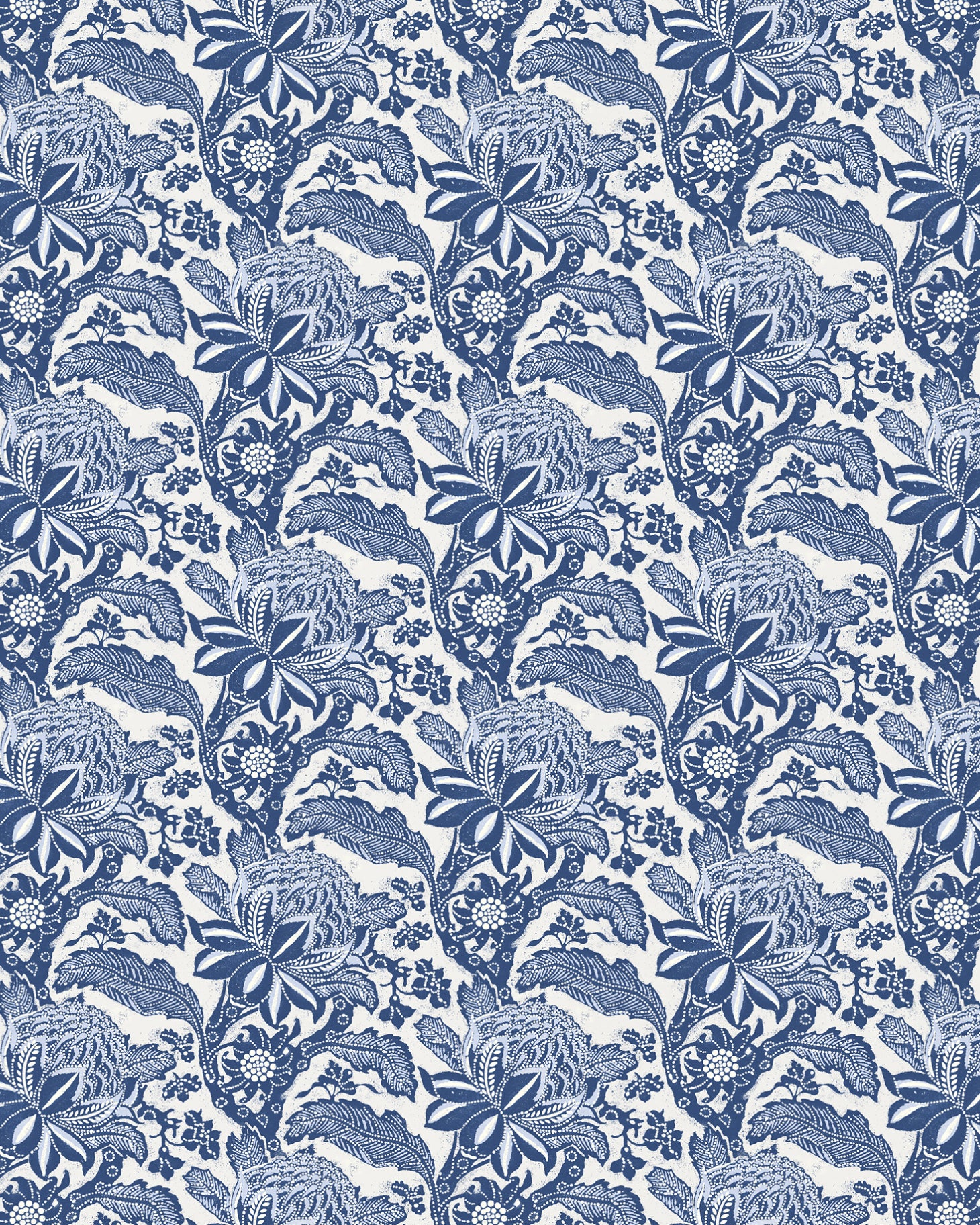 Detail of wallpaper in a repeating botanical print in navy on a white field.