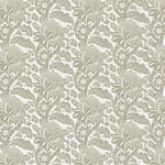 Detail of wallpaper in a repeating botanical print in cream on a white field.