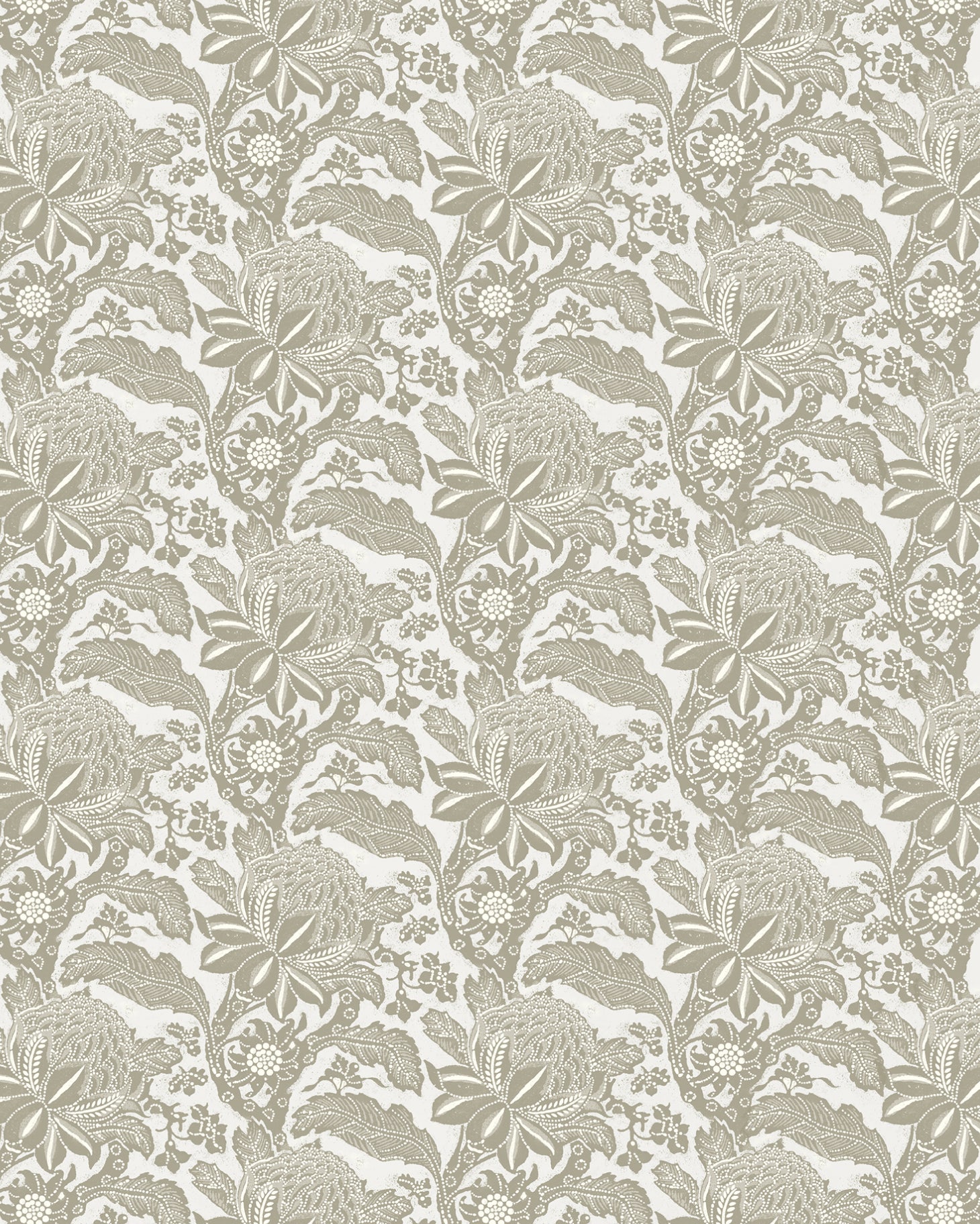 Detail of wallpaper in a repeating botanical print in cream on a white field.