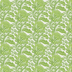 Detail of wallpaper in a repeating botanical print in green on a white field.