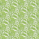 Detail of wallpaper in a repeating botanical print in green on a white field.