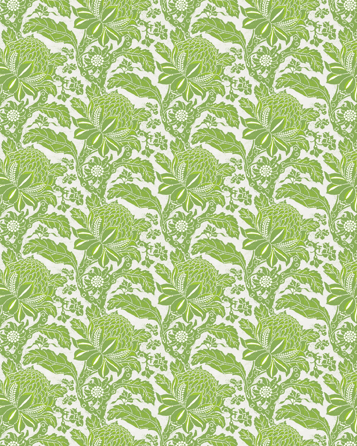 Detail of wallpaper in a repeating botanical print in green on a white field.