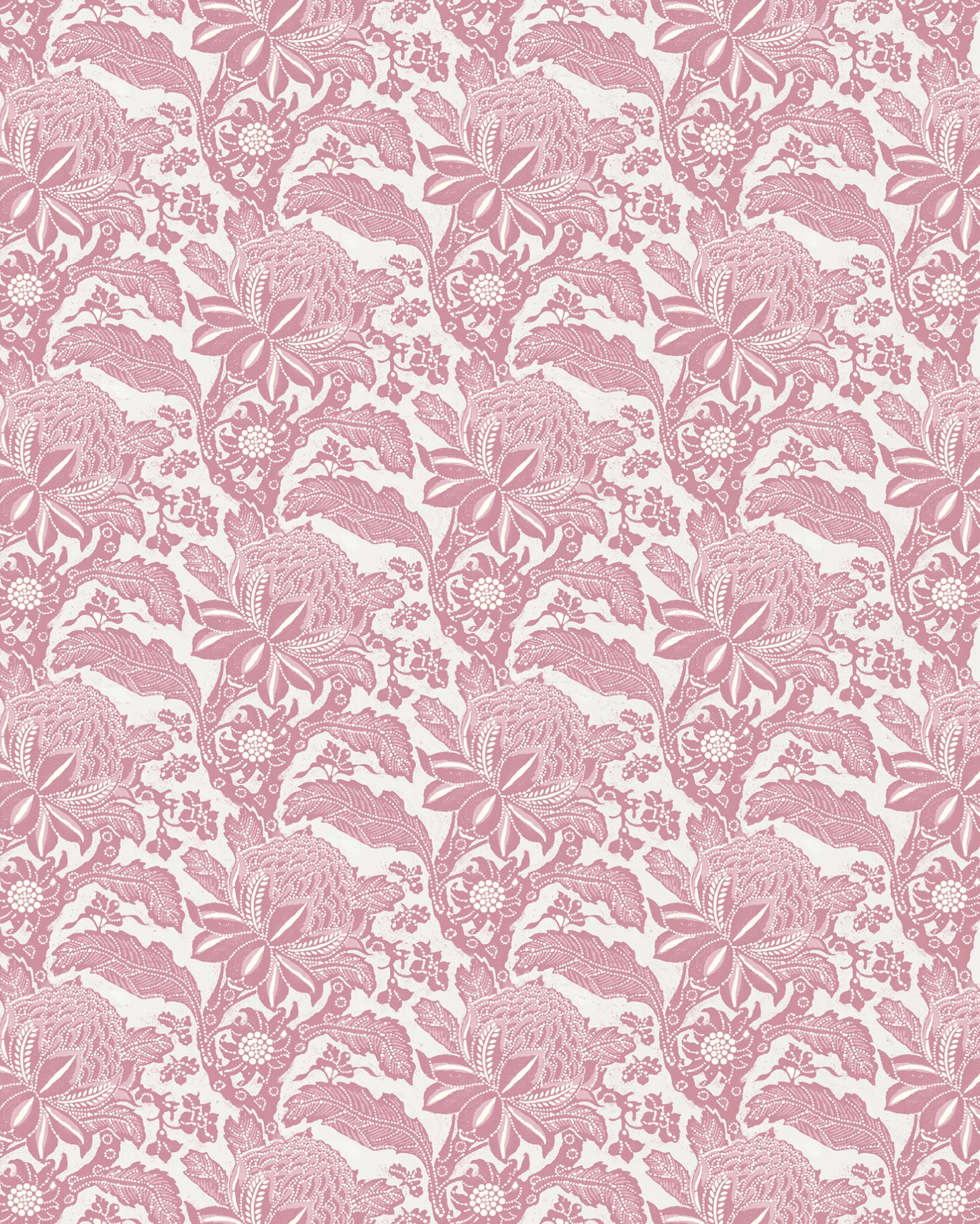 Detail of wallpaper in a repeating botanical print in pink on a white field.