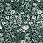 Detail of wallpaper in a dense floral print in white, tan and green on a black field.